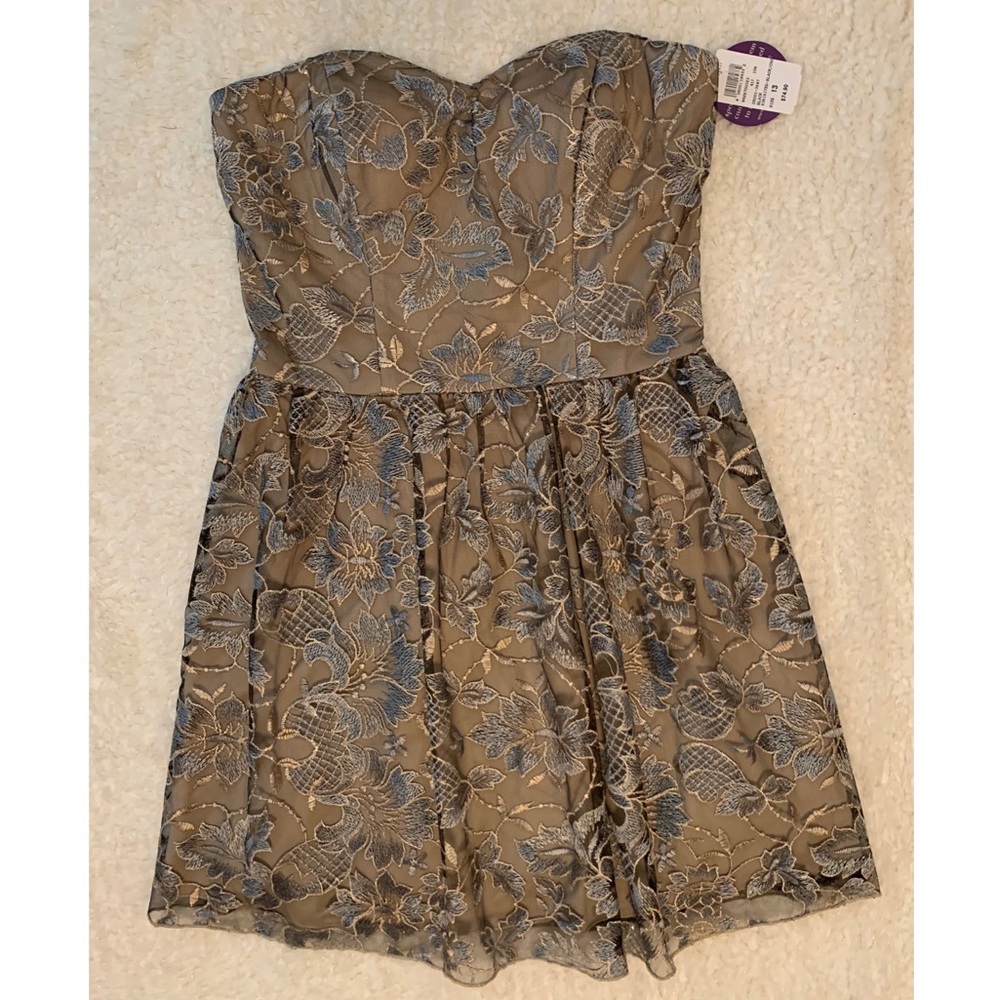 Strapless champagne & silver gray lace formal
